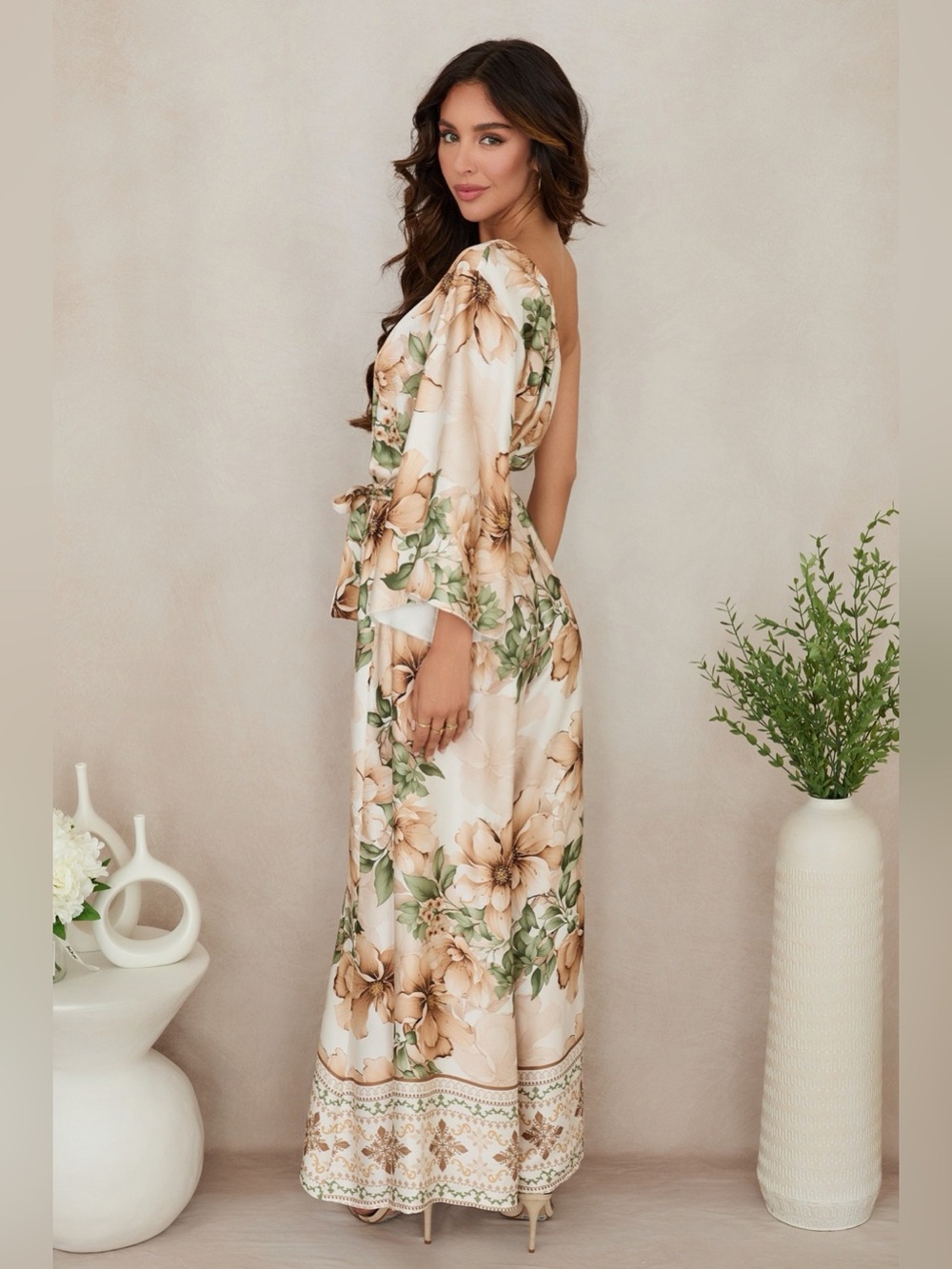 (77028/07725-BGE) WILD HIBISCUS PRINT ONE SLEEVE WIDE LEG JUMPSUIT - Picture 4 of 4